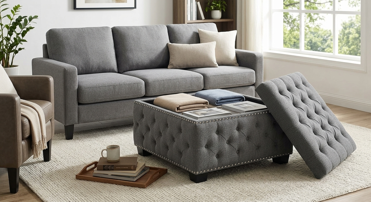 30" Square Tufted Storage Ottoman with Nailhead Trim, Upholstered Cocktail Ottoman with Hidden Storage