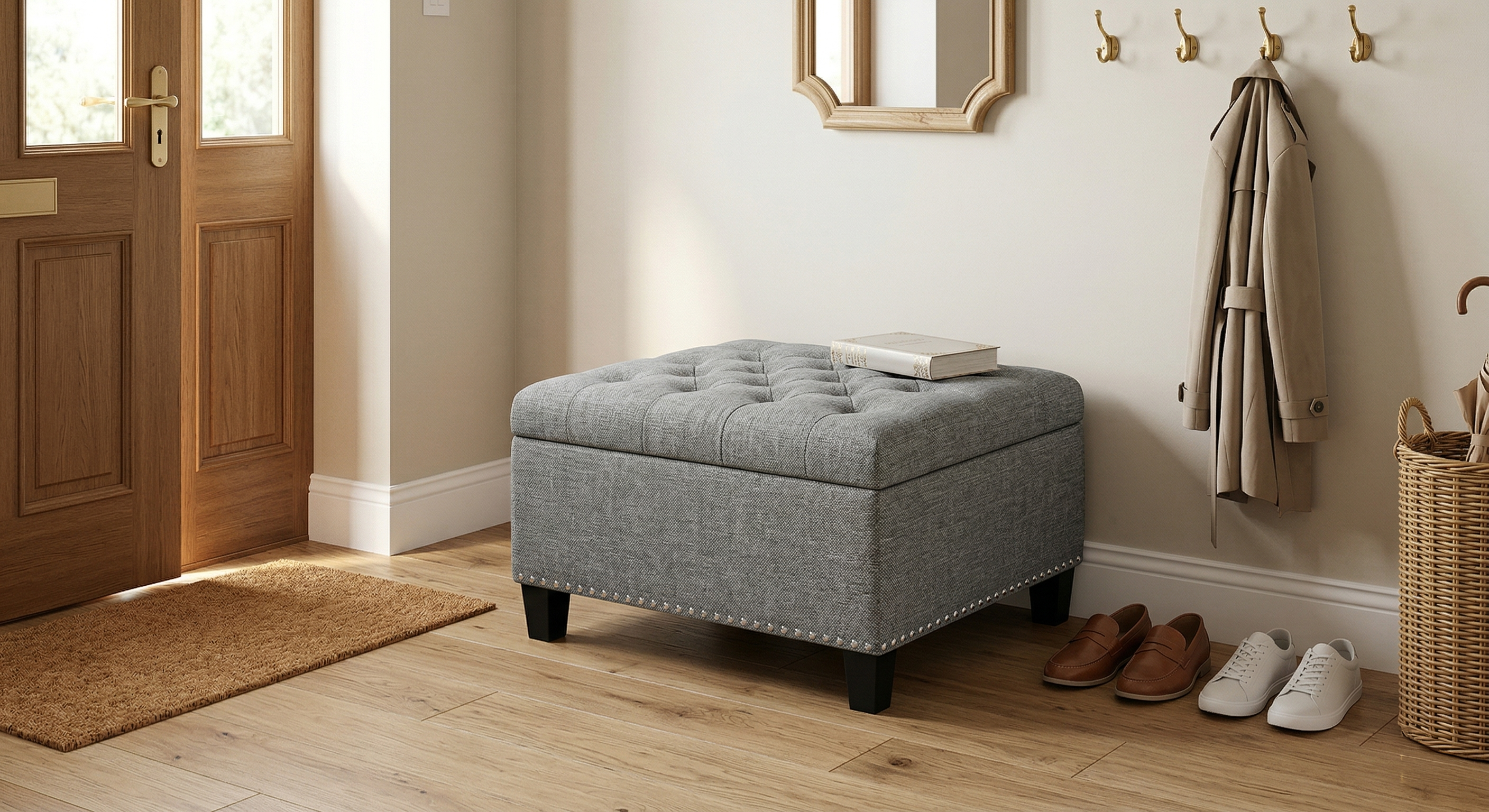 30" Square Tufted Storage Ottoman with Nailhead Trim, Upholstered Cocktail Ottoman with Hidden Storage