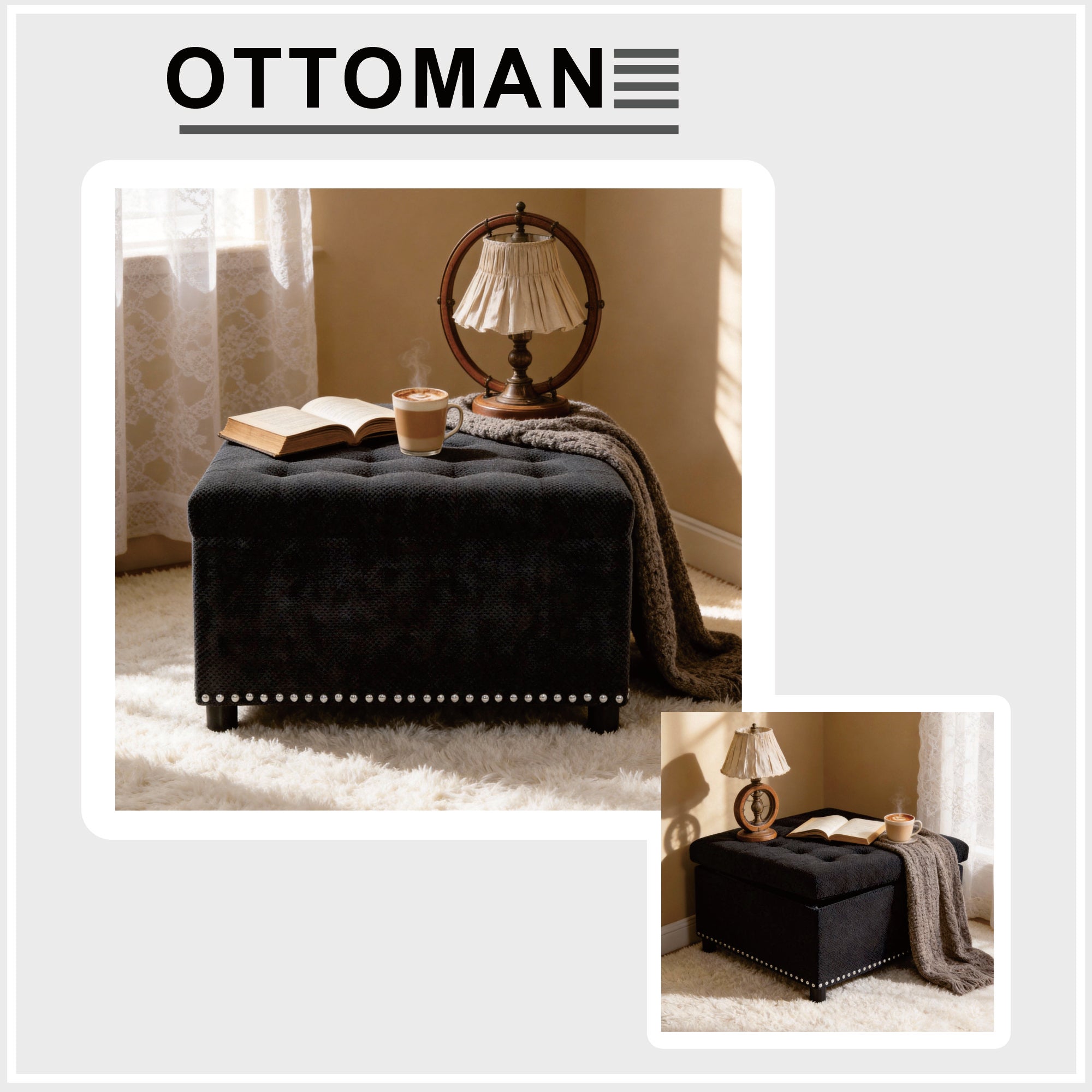 30" Square Tufted Storage Ottoman with Nailhead Trim, Upholstered Cocktail Ottoman with Hidden Storage