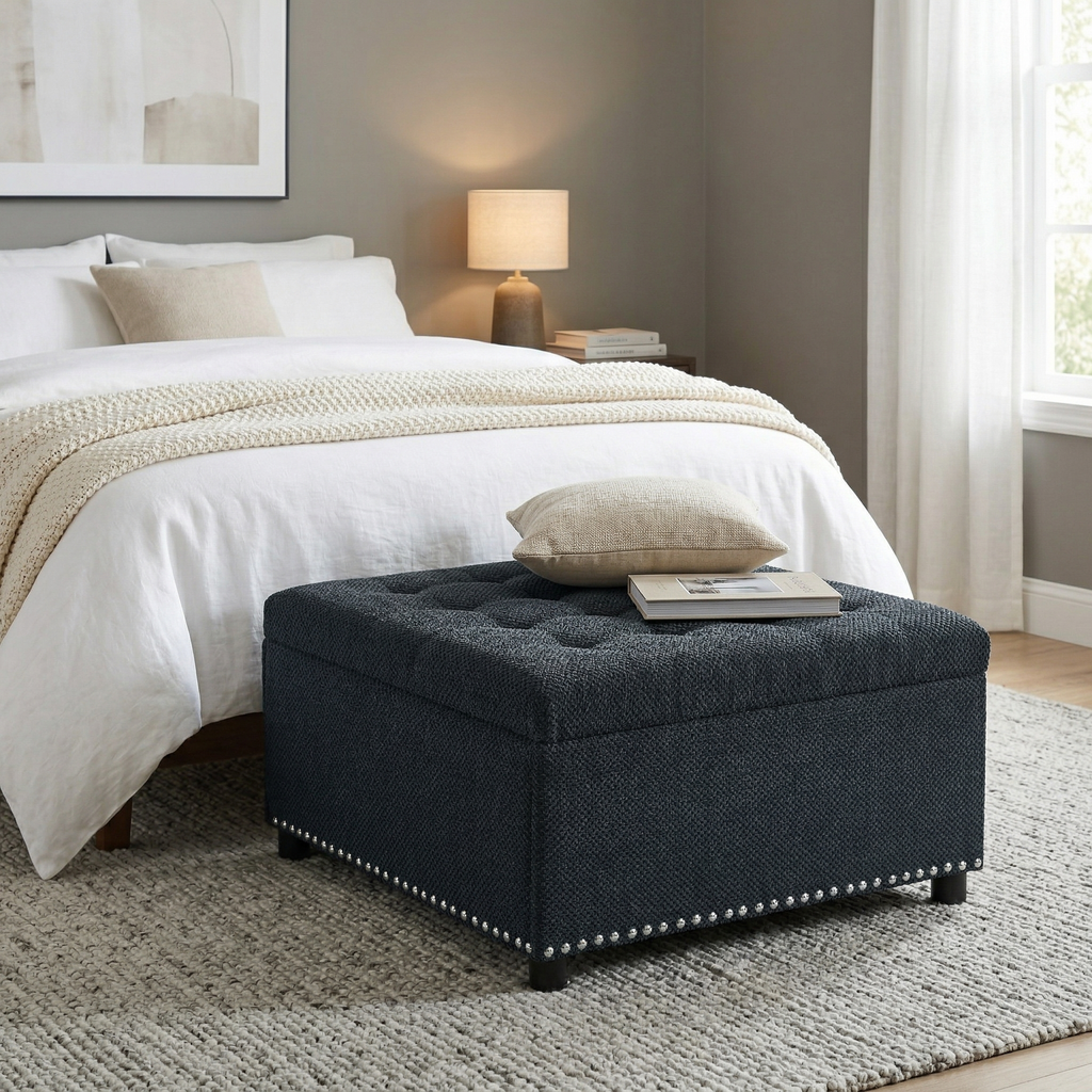 30" Square Tufted Storage Ottoman with Nailhead Trim, Upholstered Cocktail Ottoman with Hidden Storage