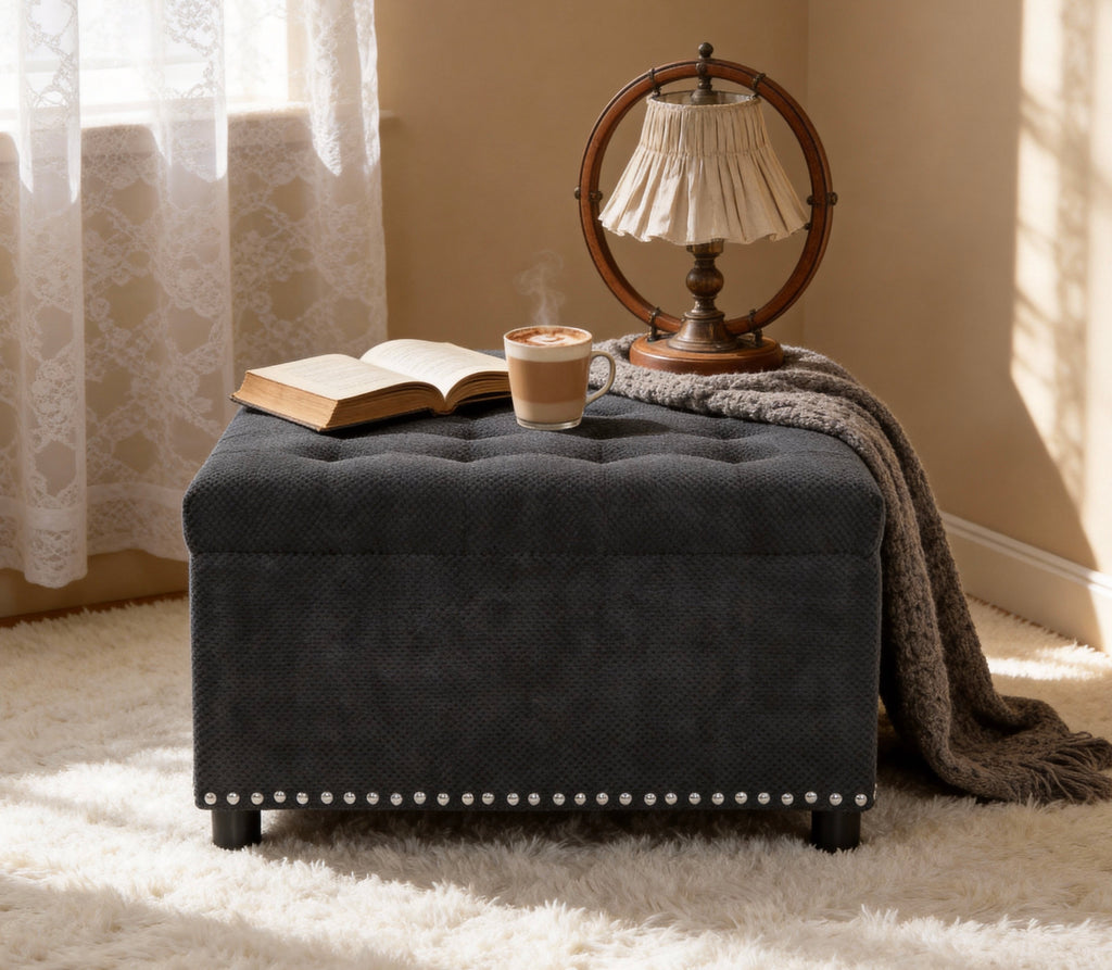 30" Square Tufted Storage Ottoman with Nailhead Trim, Upholstered Cocktail Ottoman with Hidden Storage