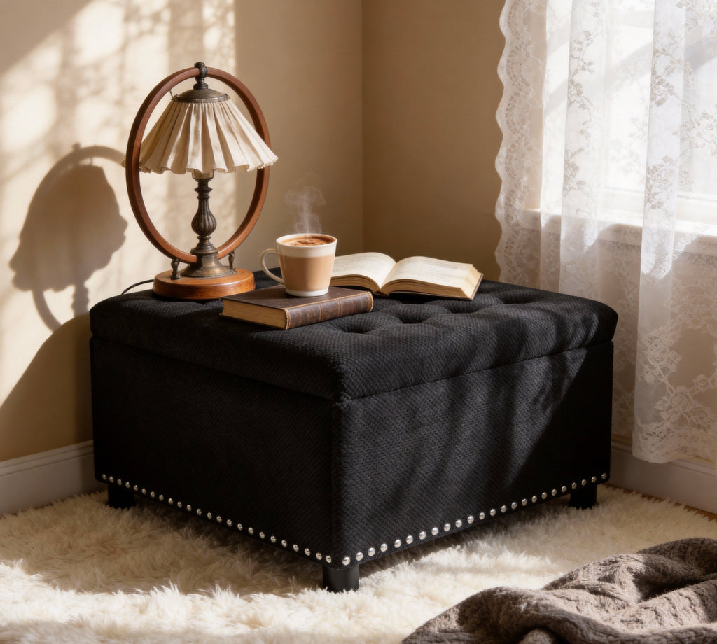 30" Square Tufted Storage Ottoman with Nailhead Trim, Upholstered Cocktail Ottoman with Hidden Storage