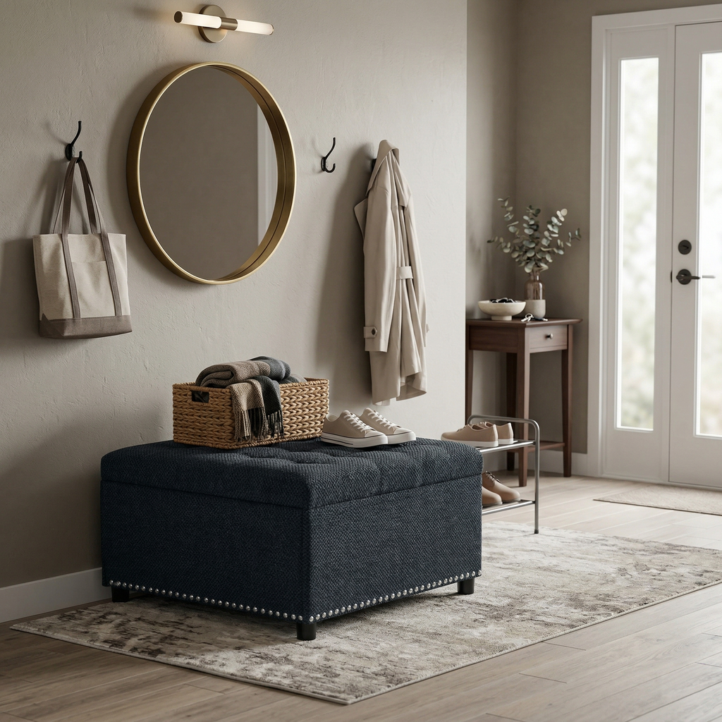 30" Square Tufted Storage Ottoman with Nailhead Trim, Upholstered Cocktail Ottoman with Hidden Storage