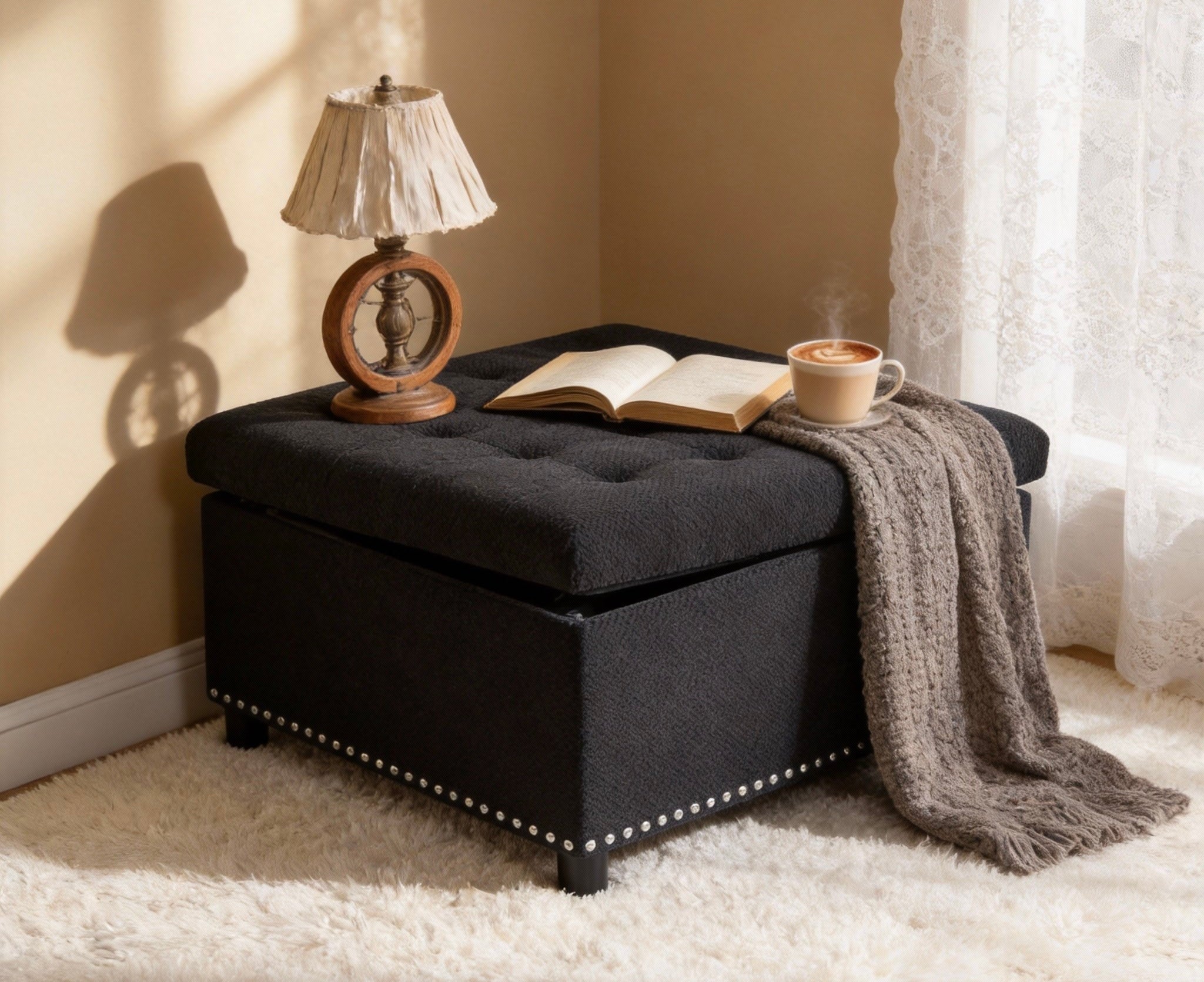 30" Square Tufted Storage Ottoman with Nailhead Trim, Upholstered Cocktail Ottoman with Hidden Storage