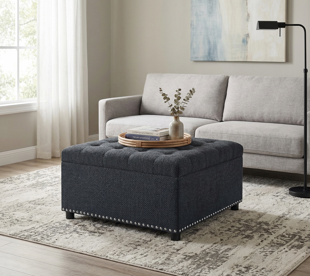 30" Square Tufted Storage Ottoman with Nailhead Trim, Upholstered Cocktail Ottoman with Hidden Storage