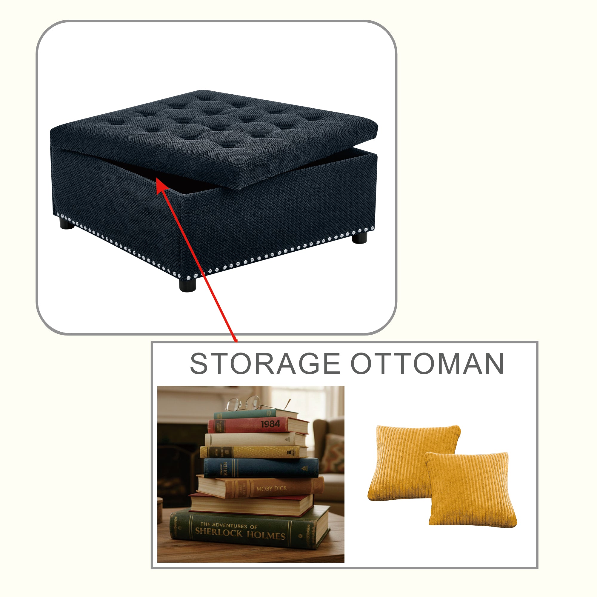 30" Square Tufted Storage Ottoman with Nailhead Trim, Upholstered Cocktail Ottoman with Hidden Storage