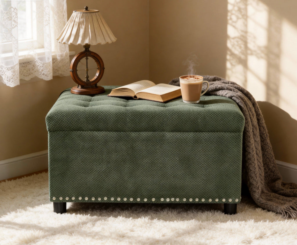 30" Square Tufted Storage Ottoman with Nailhead Trim, Upholstered Cocktail Ottoman with Hidden Storage