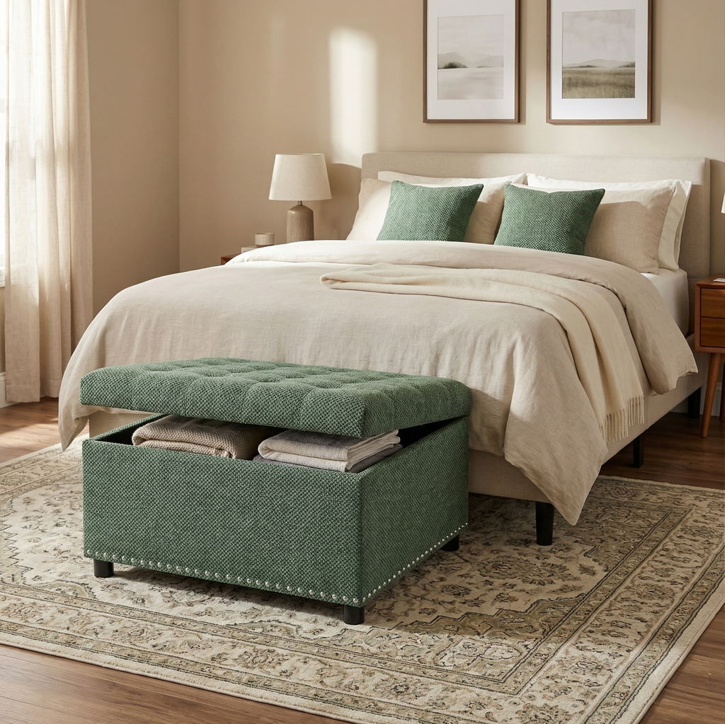 30" Square Tufted Storage Ottoman with Nailhead Trim, Upholstered Cocktail Ottoman with Hidden Storage