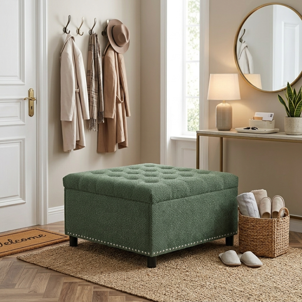 30" Square Tufted Storage Ottoman with Nailhead Trim, Upholstered Cocktail Ottoman with Hidden Storage