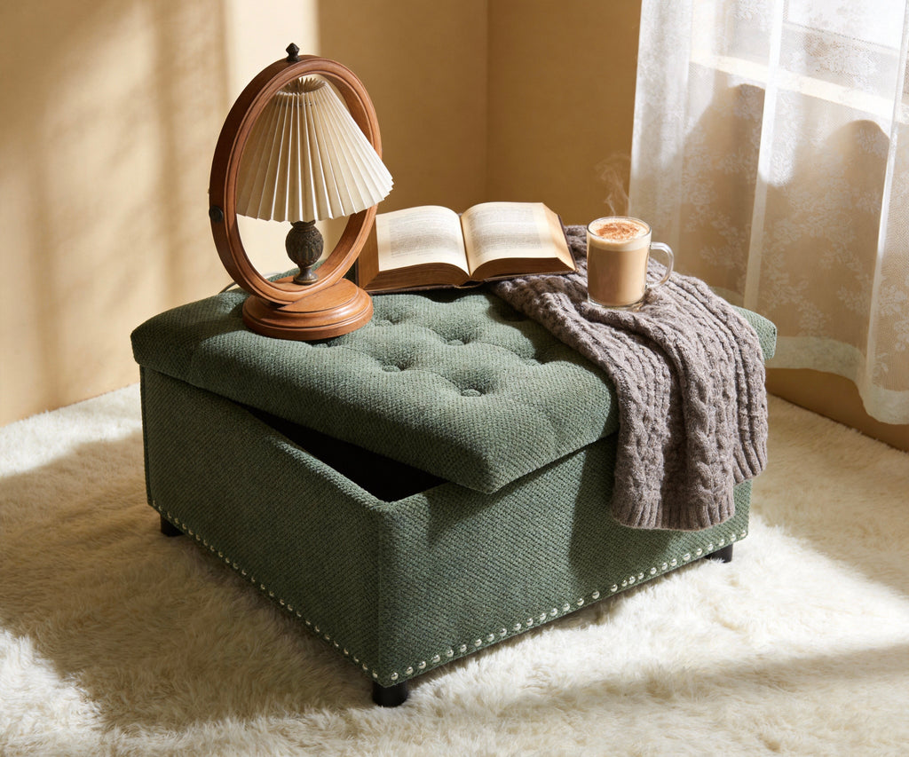 30" Square Tufted Storage Ottoman with Nailhead Trim, Upholstered Cocktail Ottoman with Hidden Storage