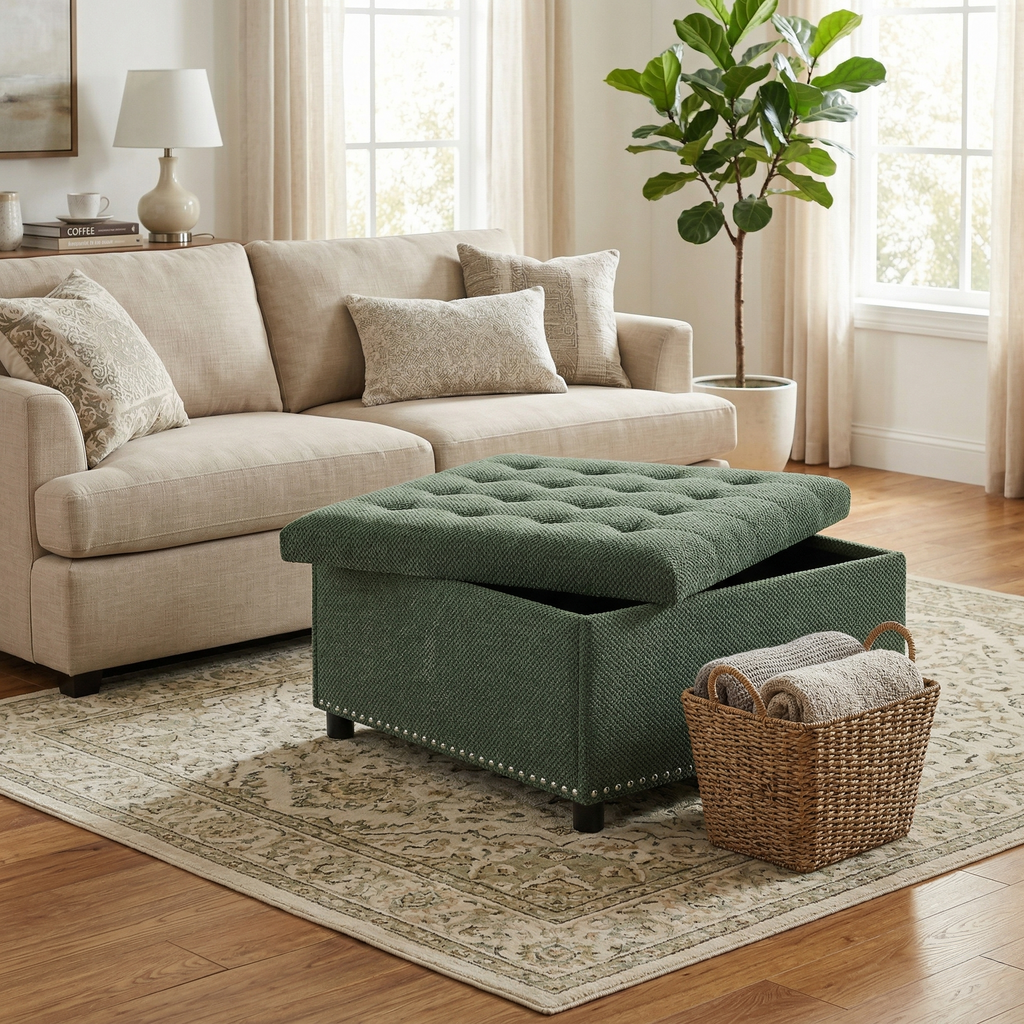 30" Square Tufted Storage Ottoman with Nailhead Trim, Upholstered Cocktail Ottoman with Hidden Storage