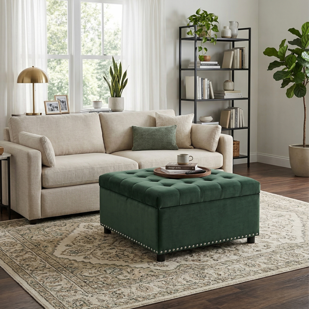 30" Square Tufted Storage Ottoman with Nailhead Trim, Upholstered Cocktail Ottoman with Hidden Storage