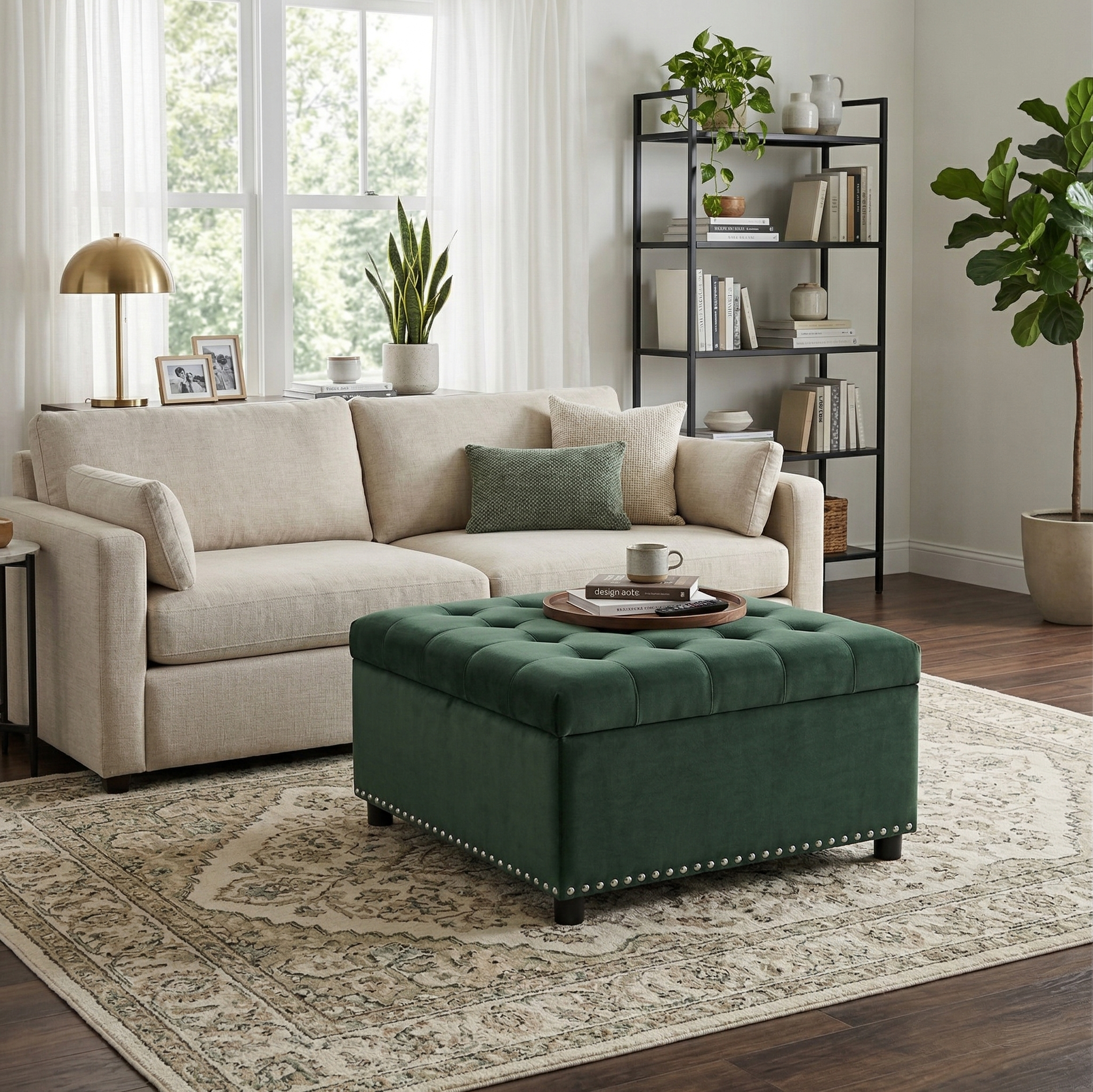 30" Square Tufted Storage Ottoman with Nailhead Trim, Upholstered Cocktail Ottoman with Hidden Storage