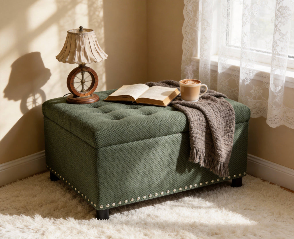30" Square Tufted Storage Ottoman with Nailhead Trim, Upholstered Cocktail Ottoman with Hidden Storage