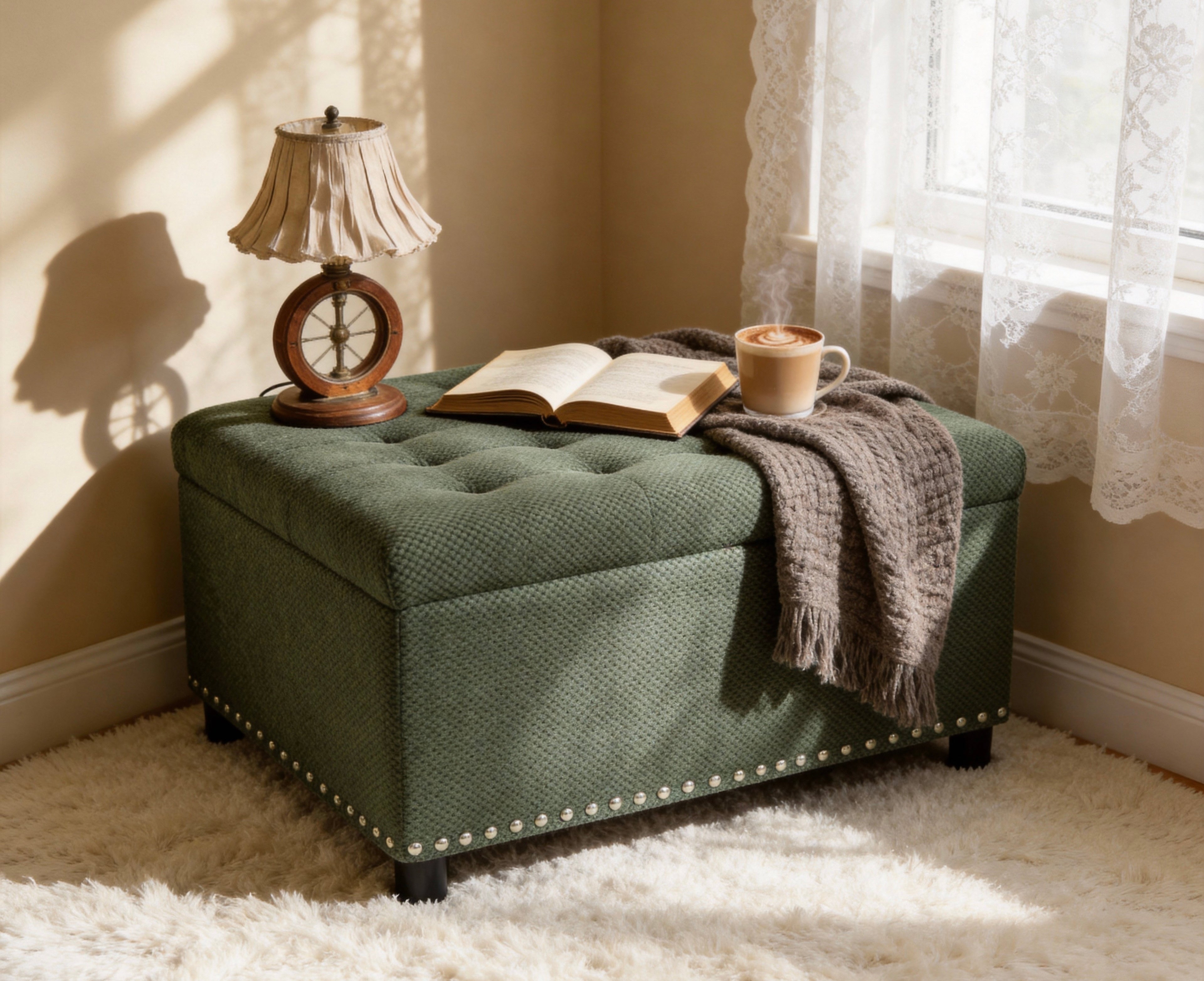 30" Square Tufted Storage Ottoman with Nailhead Trim, Upholstered Cocktail Ottoman with Hidden Storage