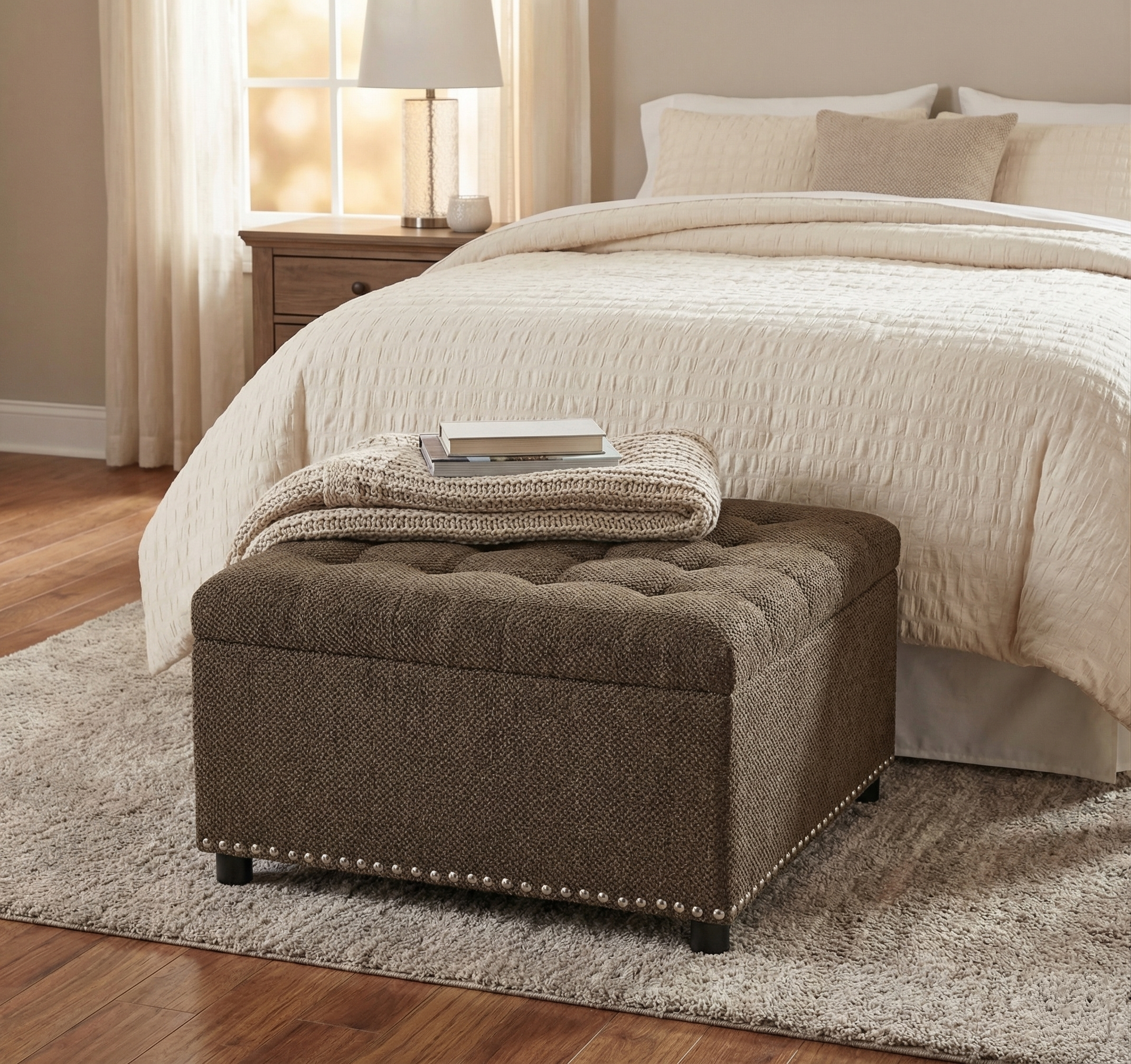 30" Square Tufted Storage Ottoman with Nailhead Trim, Upholstered Cocktail Ottoman with Hidden Storage