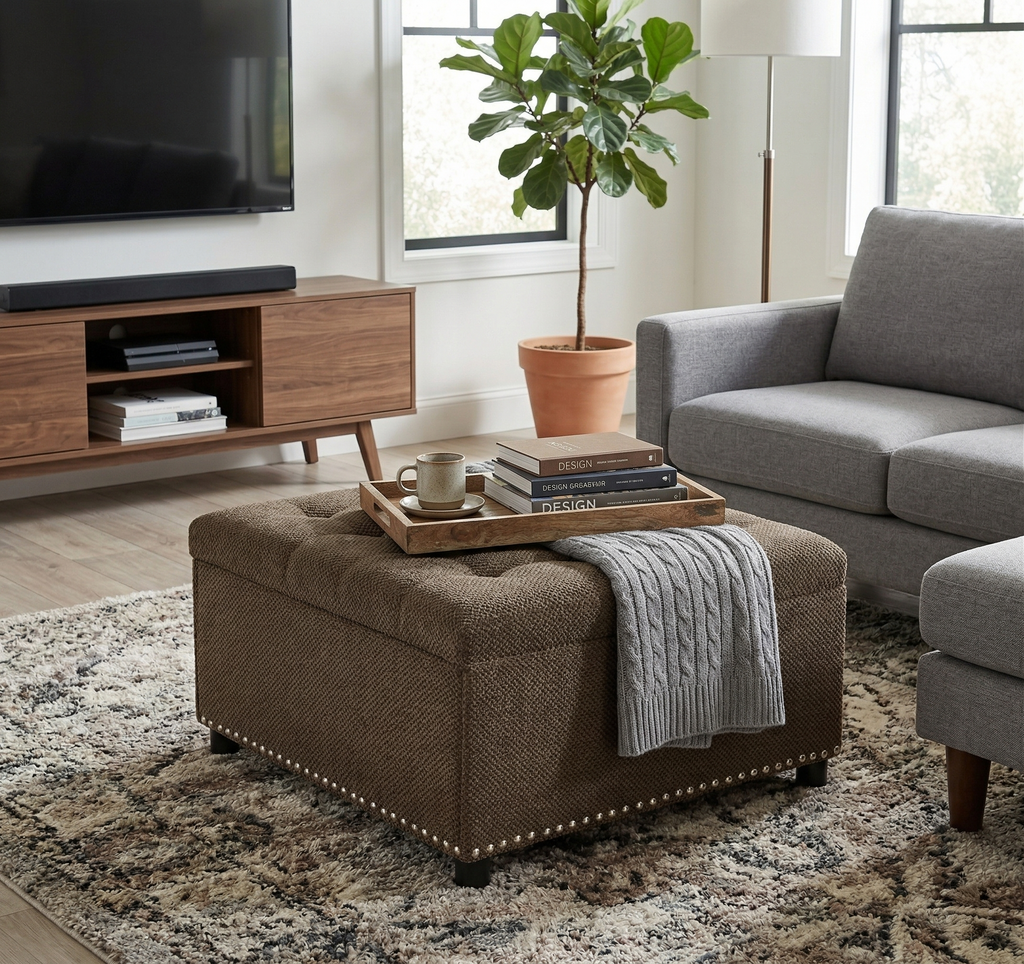 30" Square Tufted Storage Ottoman with Nailhead Trim, Upholstered Cocktail Ottoman with Hidden Storage