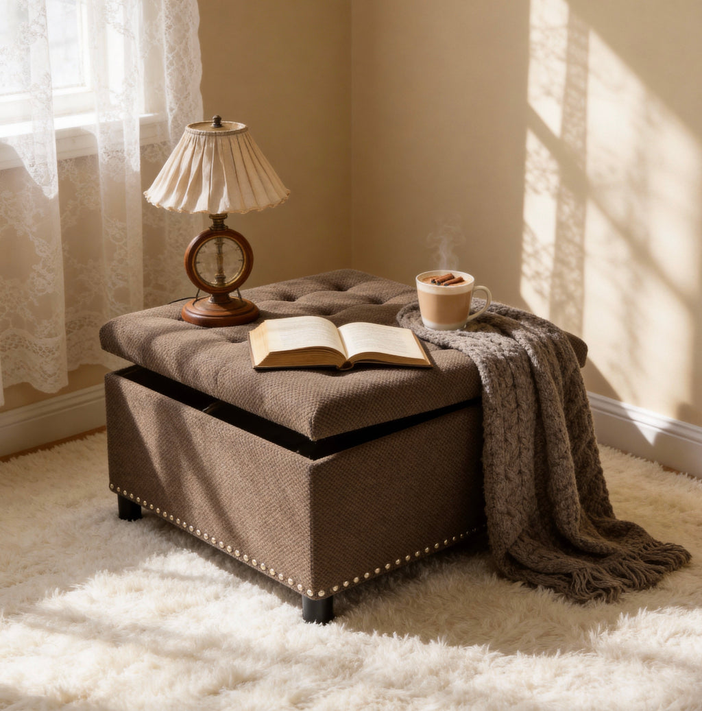 30" Square Tufted Storage Ottoman with Nailhead Trim, Upholstered Cocktail Ottoman with Hidden Storage