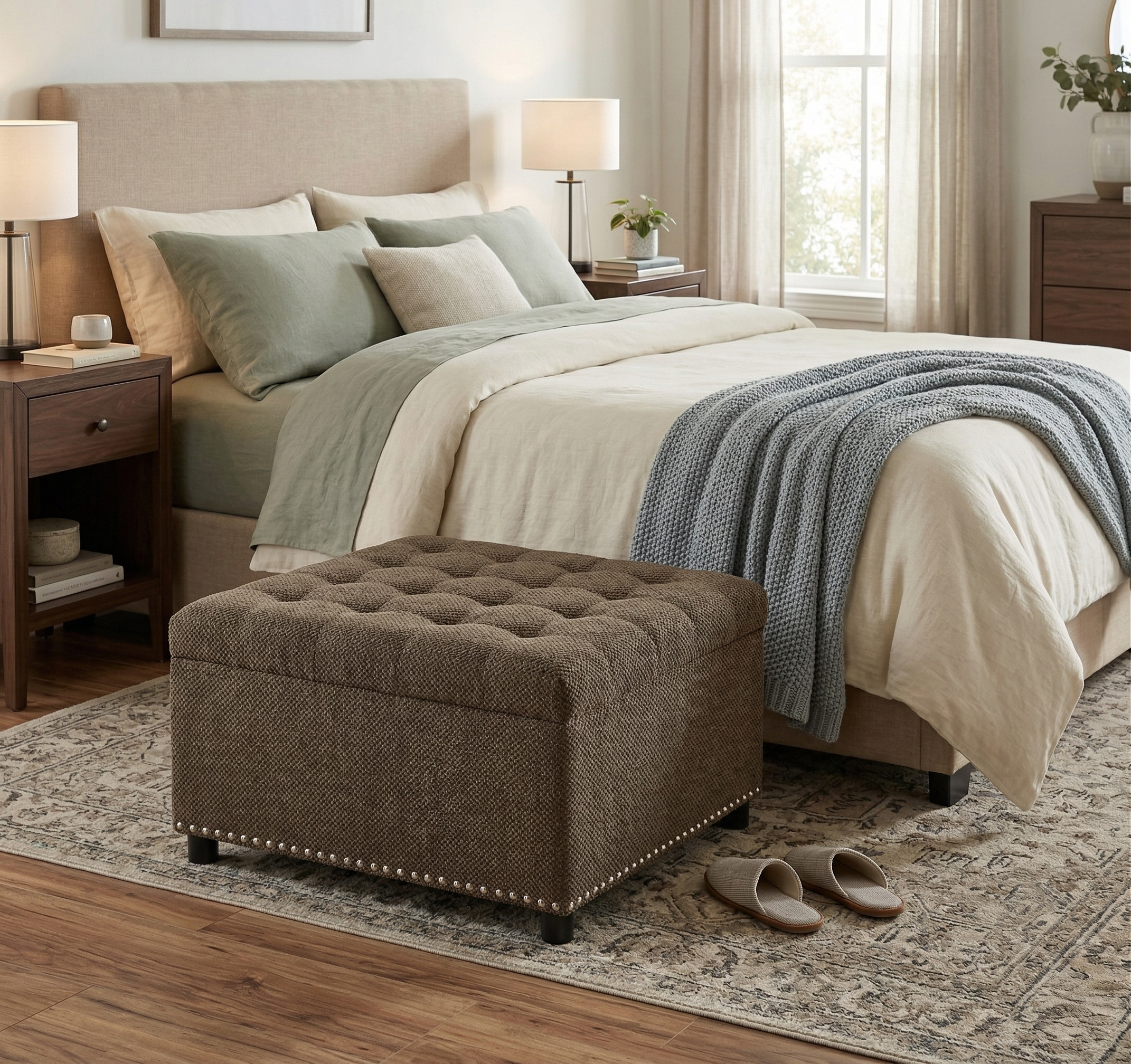 30" Square Tufted Storage Ottoman with Nailhead Trim, Upholstered Cocktail Ottoman with Hidden Storage