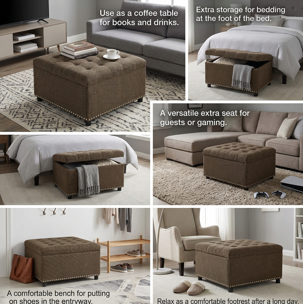 30" Square Tufted Storage Ottoman with Nailhead Trim, Upholstered Cocktail Ottoman with Hidden Storage