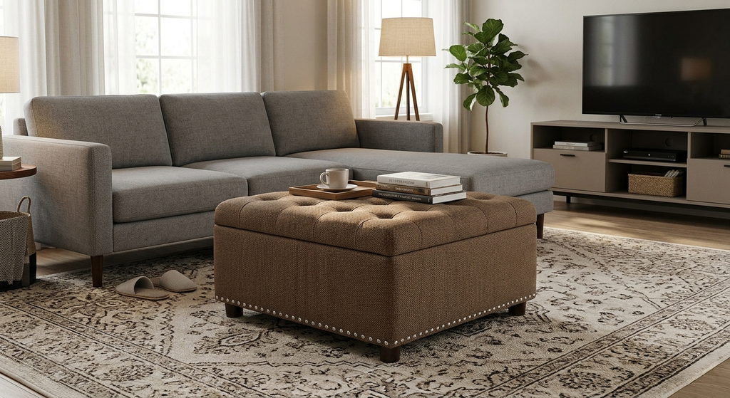 30" Square Tufted Storage Ottoman with Nailhead Trim, Upholstered Cocktail Ottoman with Hidden Storage