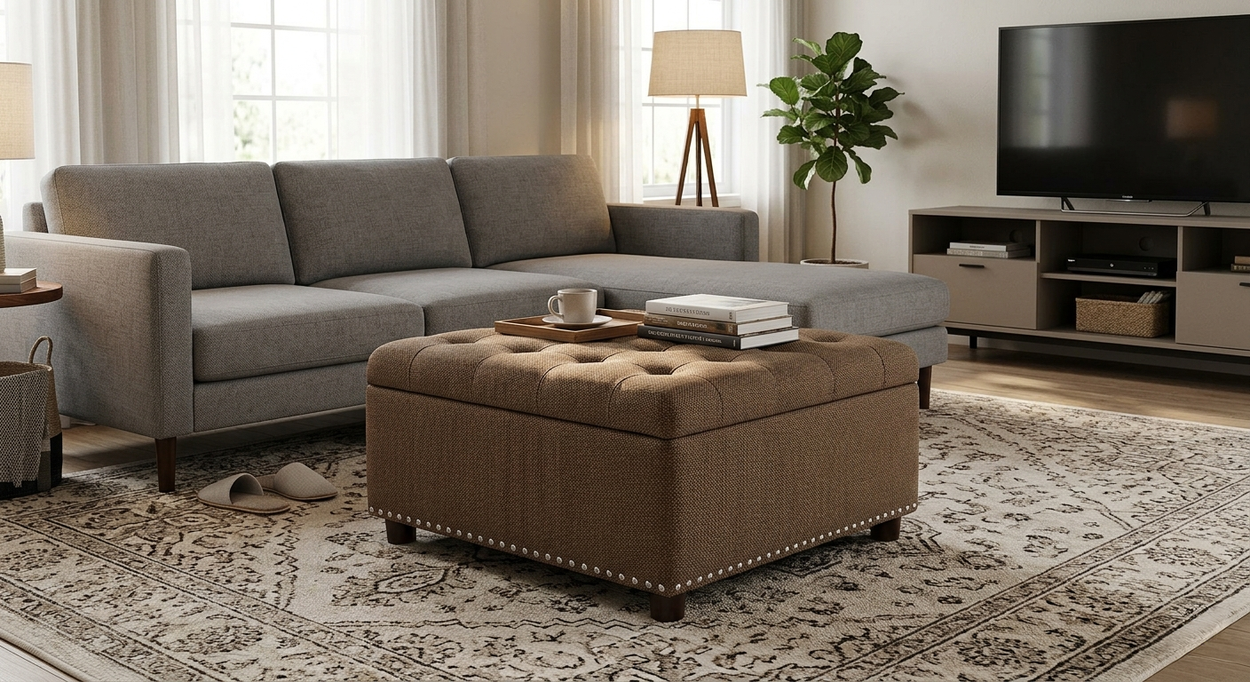30" Square Tufted Storage Ottoman with Nailhead Trim, Upholstered Cocktail Ottoman with Hidden Storage