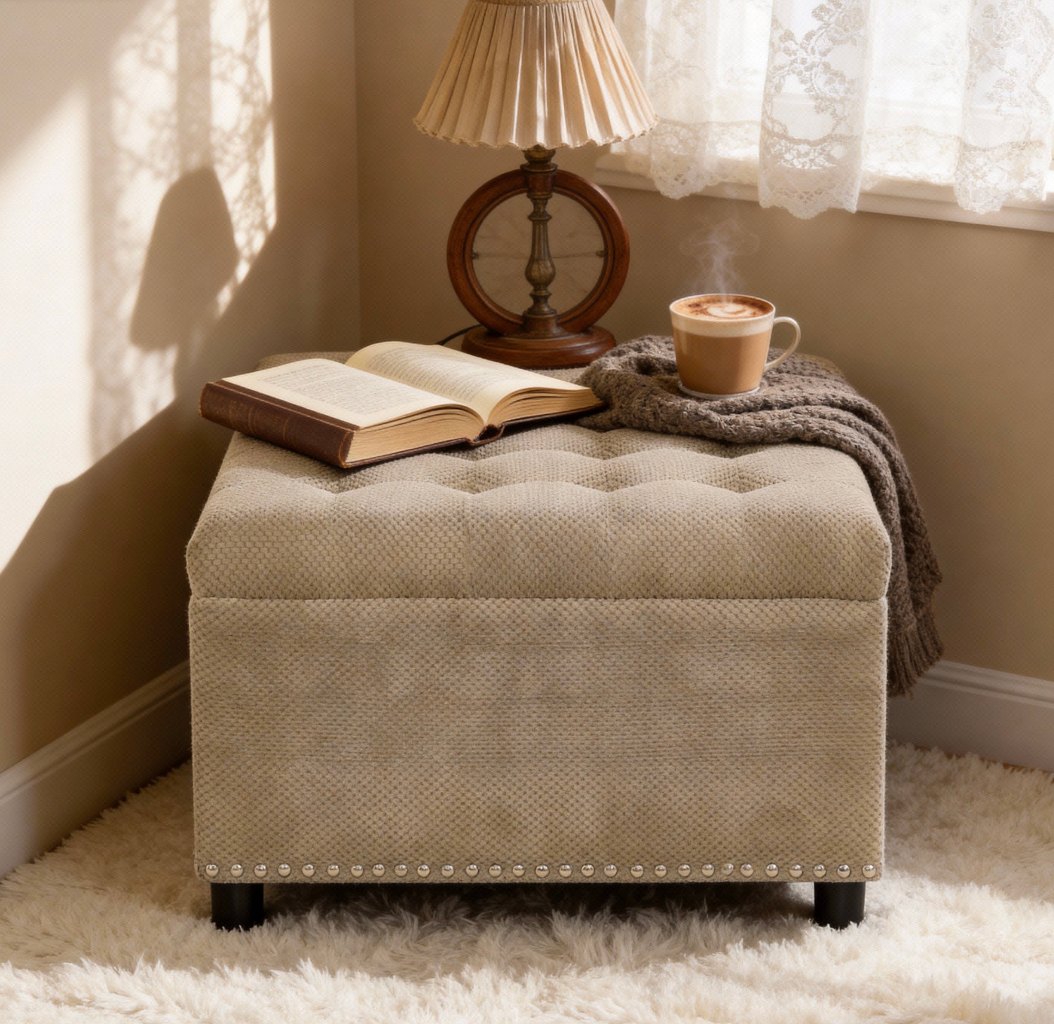 30" Square Tufted Storage Ottoman with Nailhead Trim, Upholstered Cocktail Ottoman with Hidden Storage