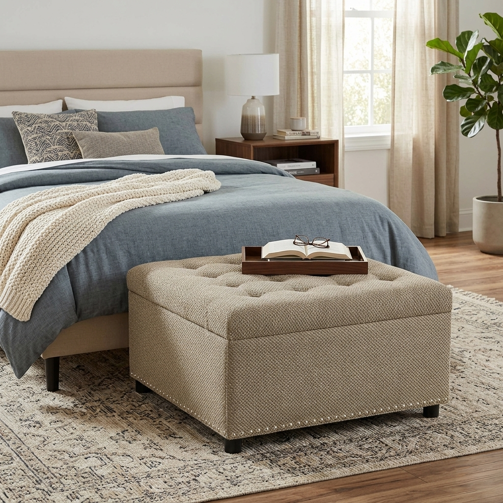 30" Square Tufted Storage Ottoman with Nailhead Trim, Upholstered Cocktail Ottoman with Hidden Storage