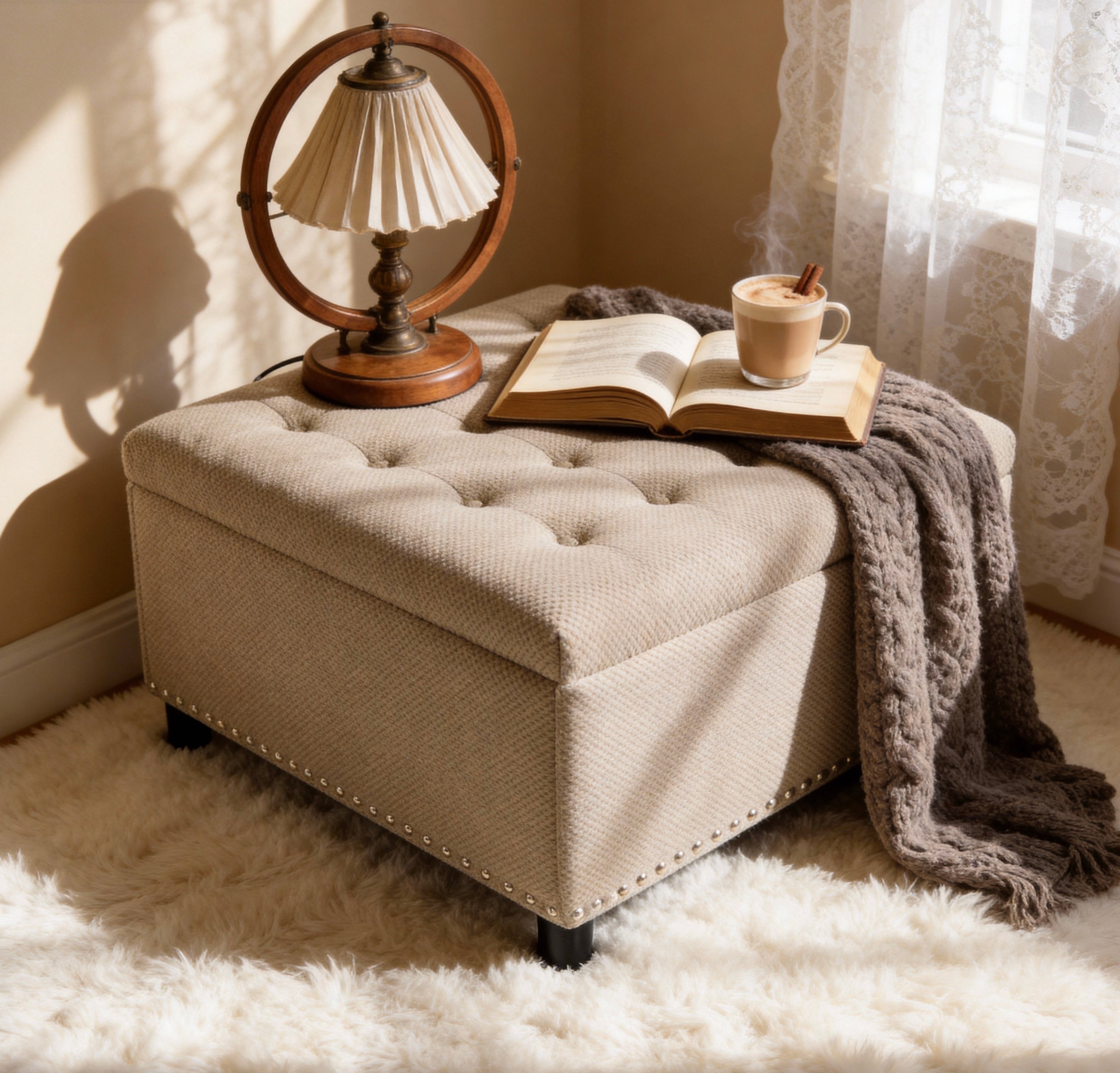 30" Square Tufted Storage Ottoman with Nailhead Trim, Upholstered Cocktail Ottoman with Hidden Storage