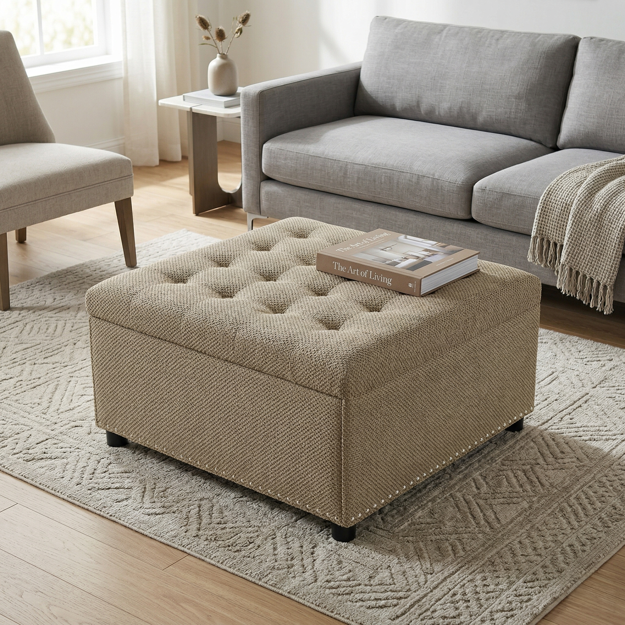 30" Square Tufted Storage Ottoman with Nailhead Trim, Upholstered Cocktail Ottoman with Hidden Storage