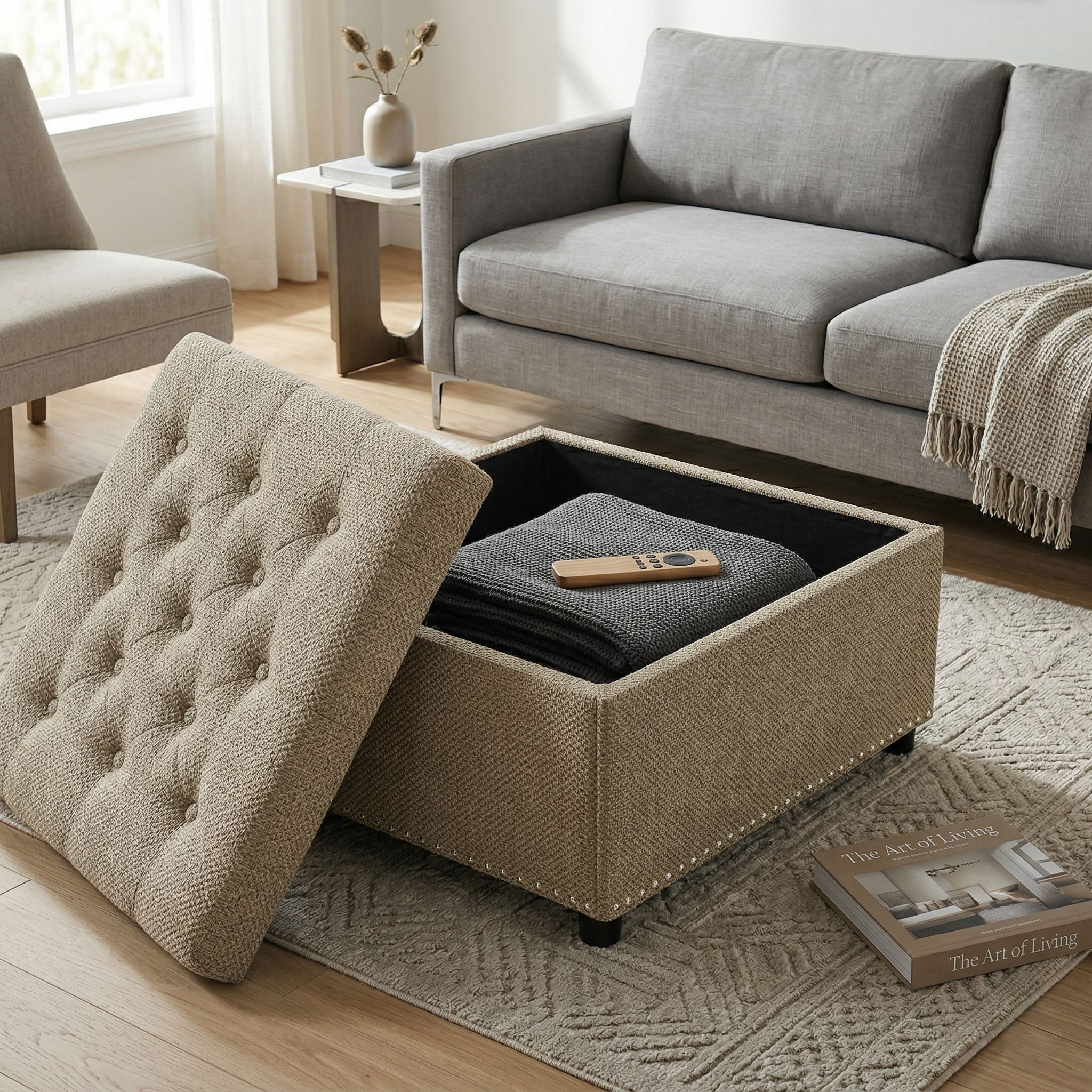 30" Square Tufted Storage Ottoman with Nailhead Trim, Upholstered Cocktail Ottoman with Hidden Storage