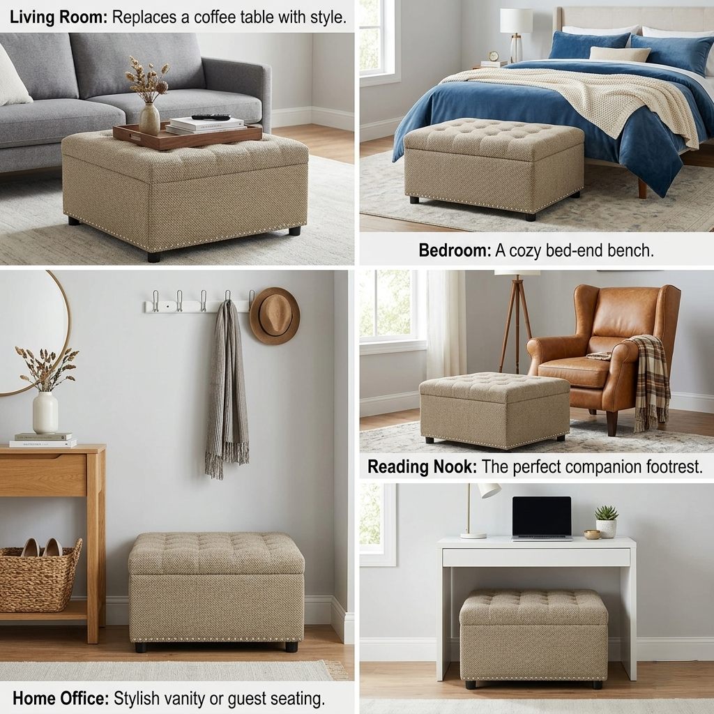 30" Square Tufted Storage Ottoman with Nailhead Trim, Upholstered Cocktail Ottoman with Hidden Storage