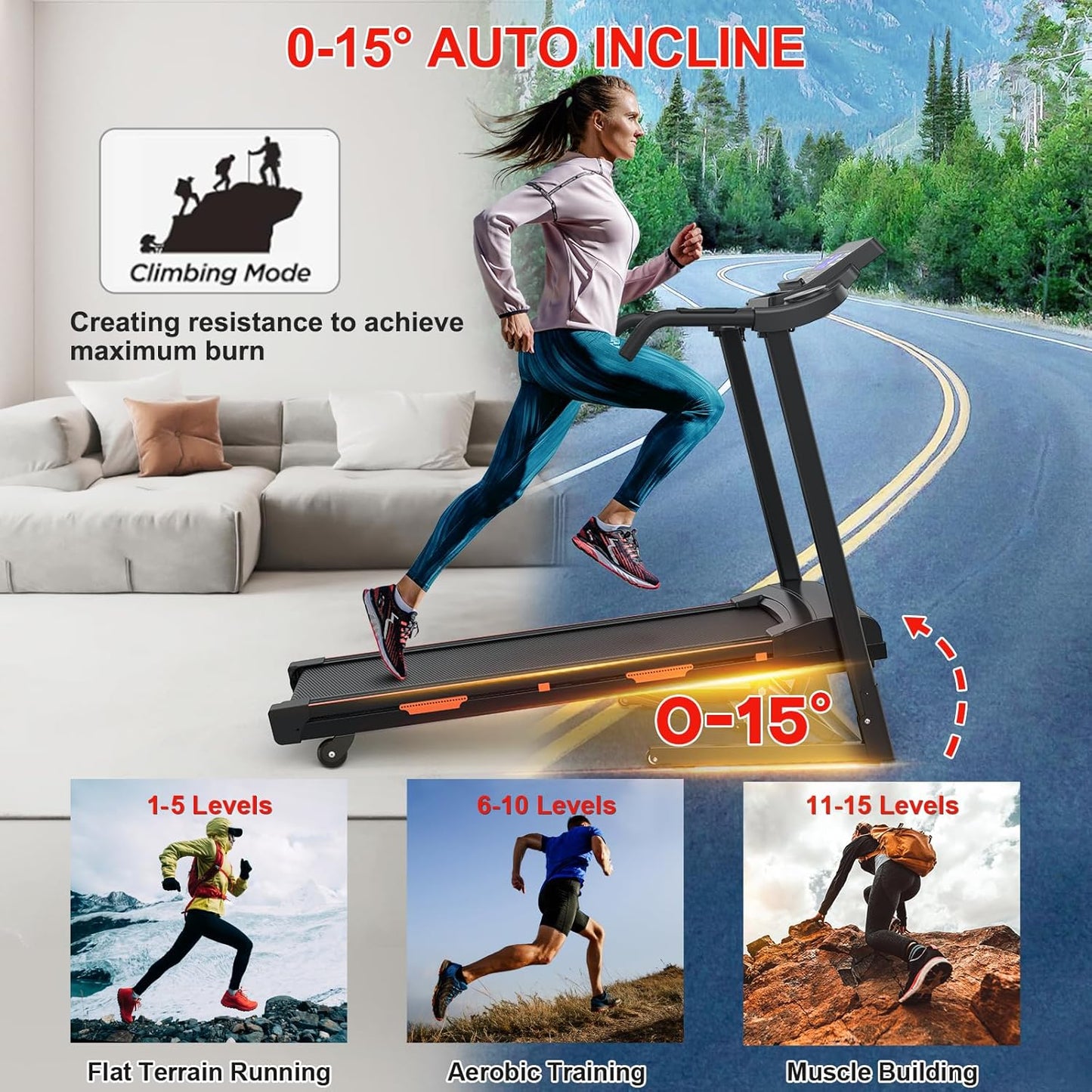 Auto Incline Treadmills for Home- foldble Treadmill 300 lb Capacity 3.25HP Folding Electric Treadmill Max 8.5 MPH Speed Running Machine with Wide Running Area Bluetooth Speaker for Home/Office Use