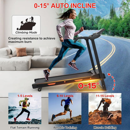 Auto Incline Treadmills for Home- foldble Treadmill 300 lb Capacity 3.25HP Folding Electric Treadmill Max 8.5 MPH Speed Running Machine with Wide Running Area Bluetooth Speaker for Home/Office Use