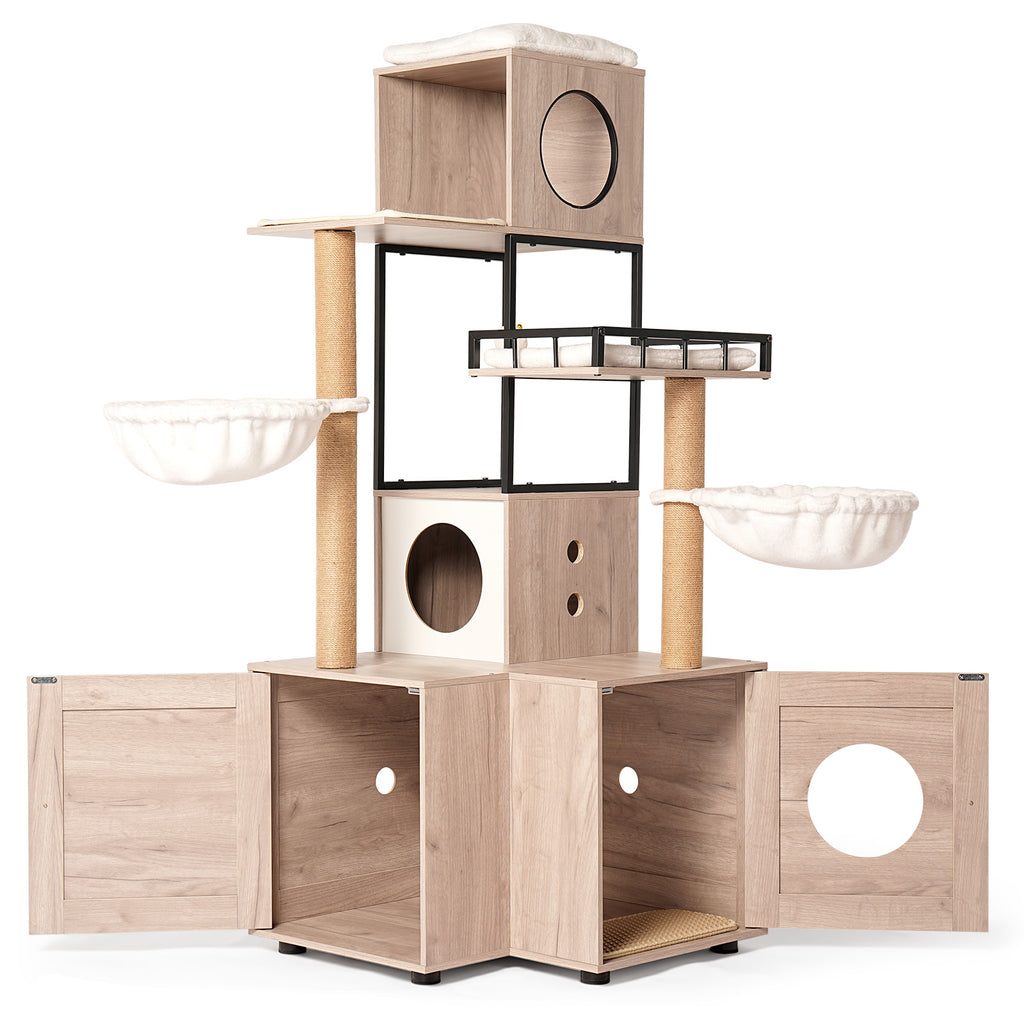 Cat Tree with Litter Box Enclosure, 63" Multi-Level Cat Furniture with Dual Condos, Hammocks and Scratching Posts, Natural / White