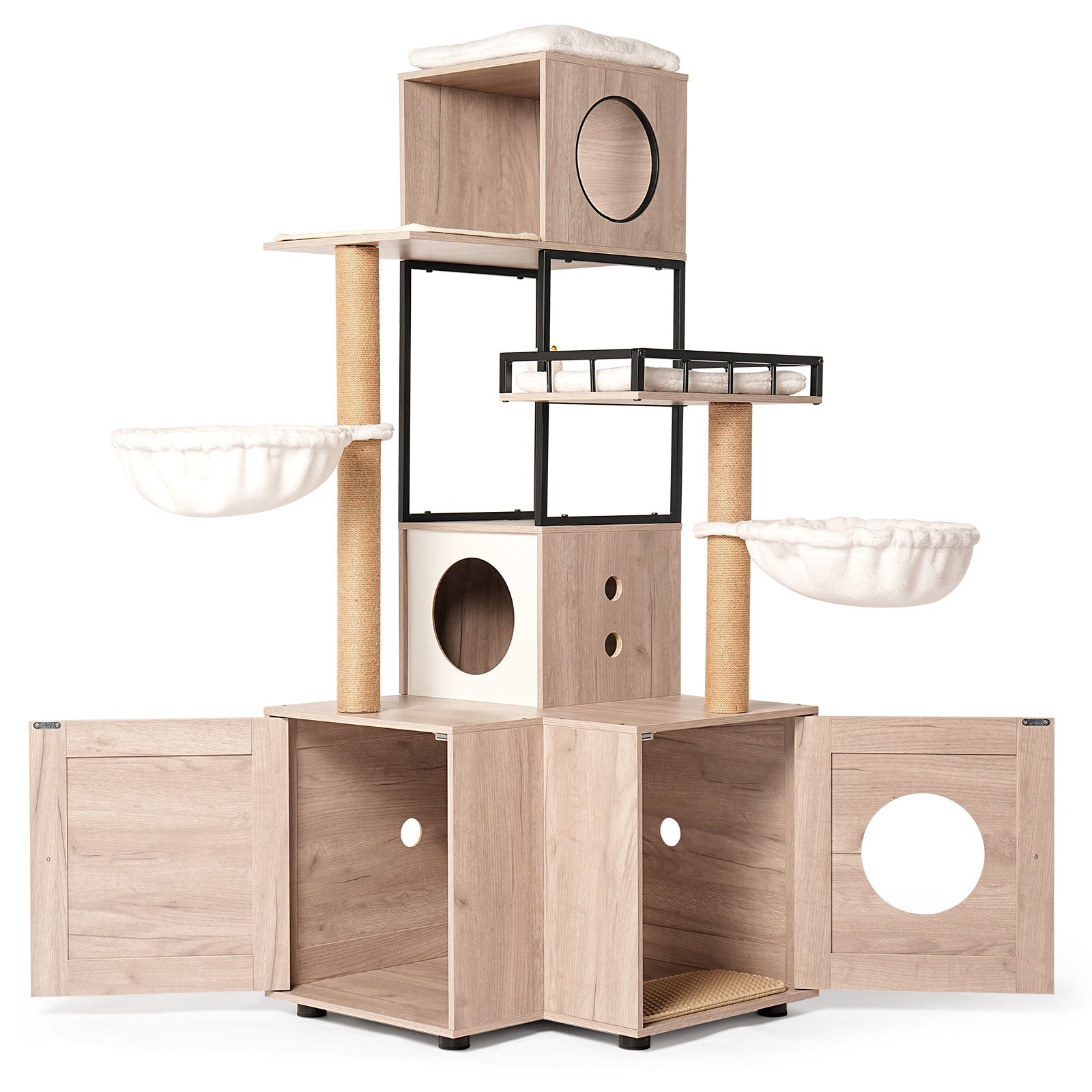 Cat Tree with Litter Box Enclosure, 63" Multi-Level Cat Furniture with Dual Condos, Hammocks and Scratching Posts, Natural / White