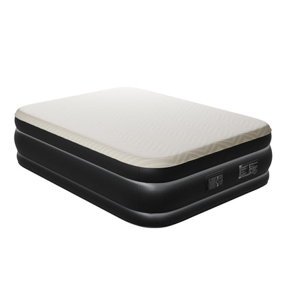 Queen Air Mattress with Built-in Pump, 18in Foam Topper Blow up Mattress, Quick Inflation/Deflation Inflatable Mattress for Home Guests Camping, Beige & Black