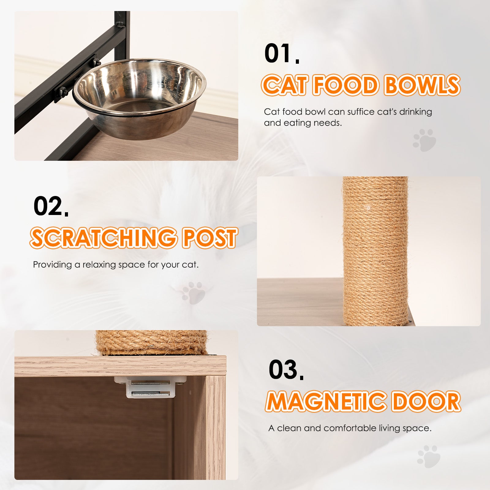 Cat Tree with Litter Box Enclosure, Multi-Level Cat Furniture with Scratching Posts, Cat Condo and Feeding Station, Natural / White