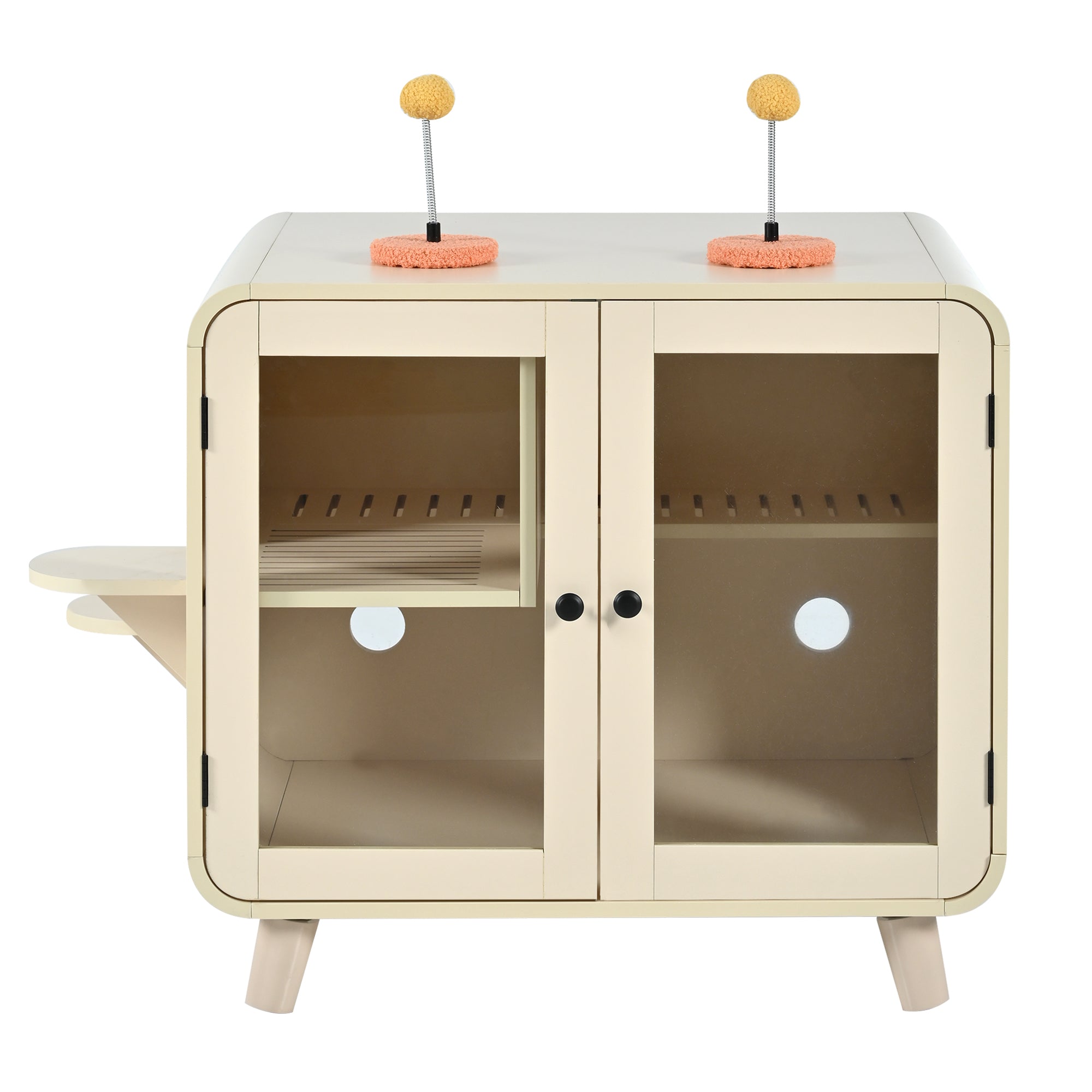 Litter Box Enclosure with RGB Lighting, Glass Doors, Interior Walkway and Cat Steps