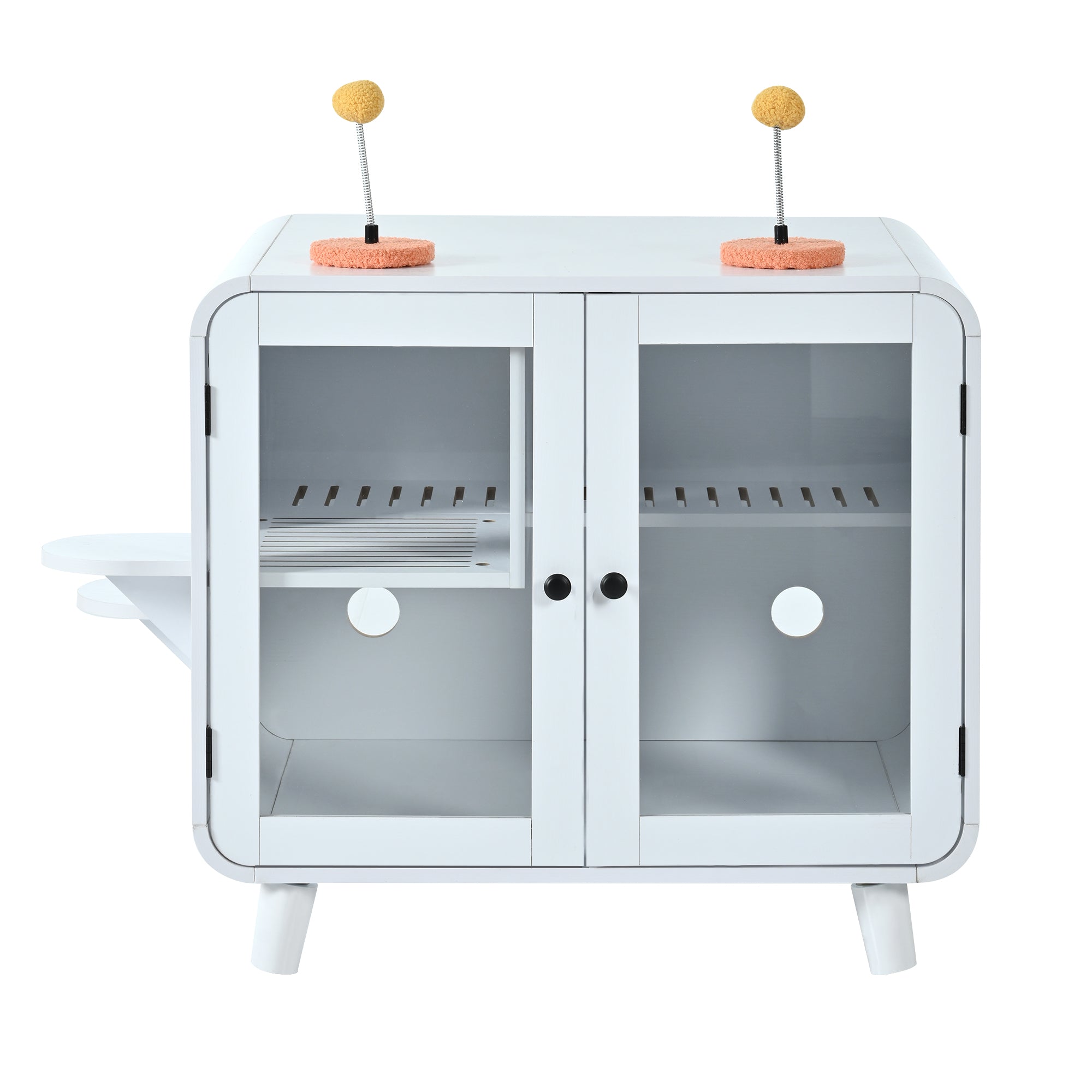 White cat litter box cabinet with glass doors