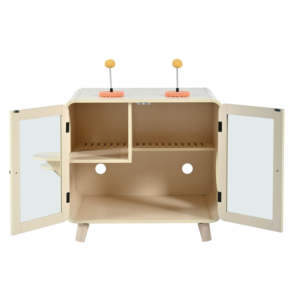 Litter Box Enclosure with RGB Lighting, Glass Doors, Interior Walkway and Cat Steps