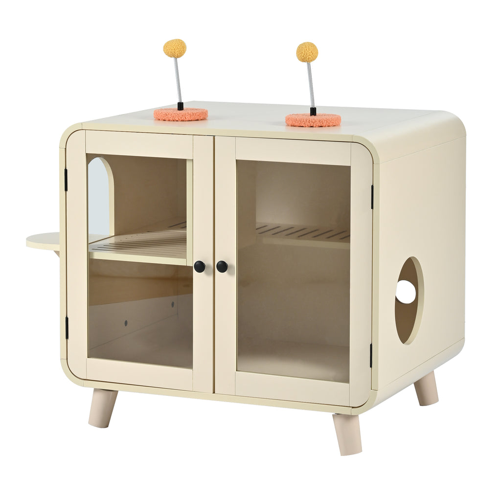 Litter Box Enclosure with RGB Lighting, Glass Doors, Interior Walkway and Cat Steps