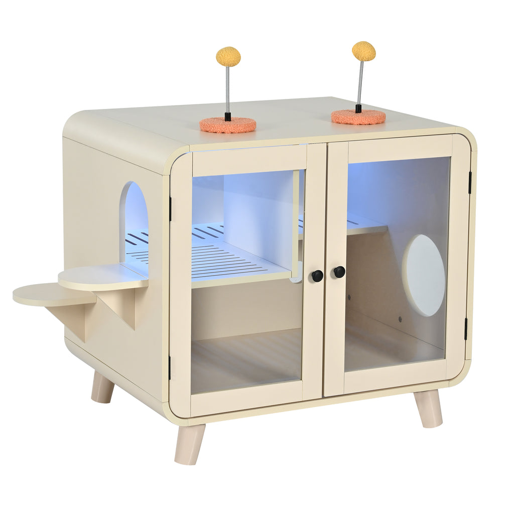 Litter Box Enclosure with RGB Lighting, Glass Doors, Interior Walkway and Cat Steps