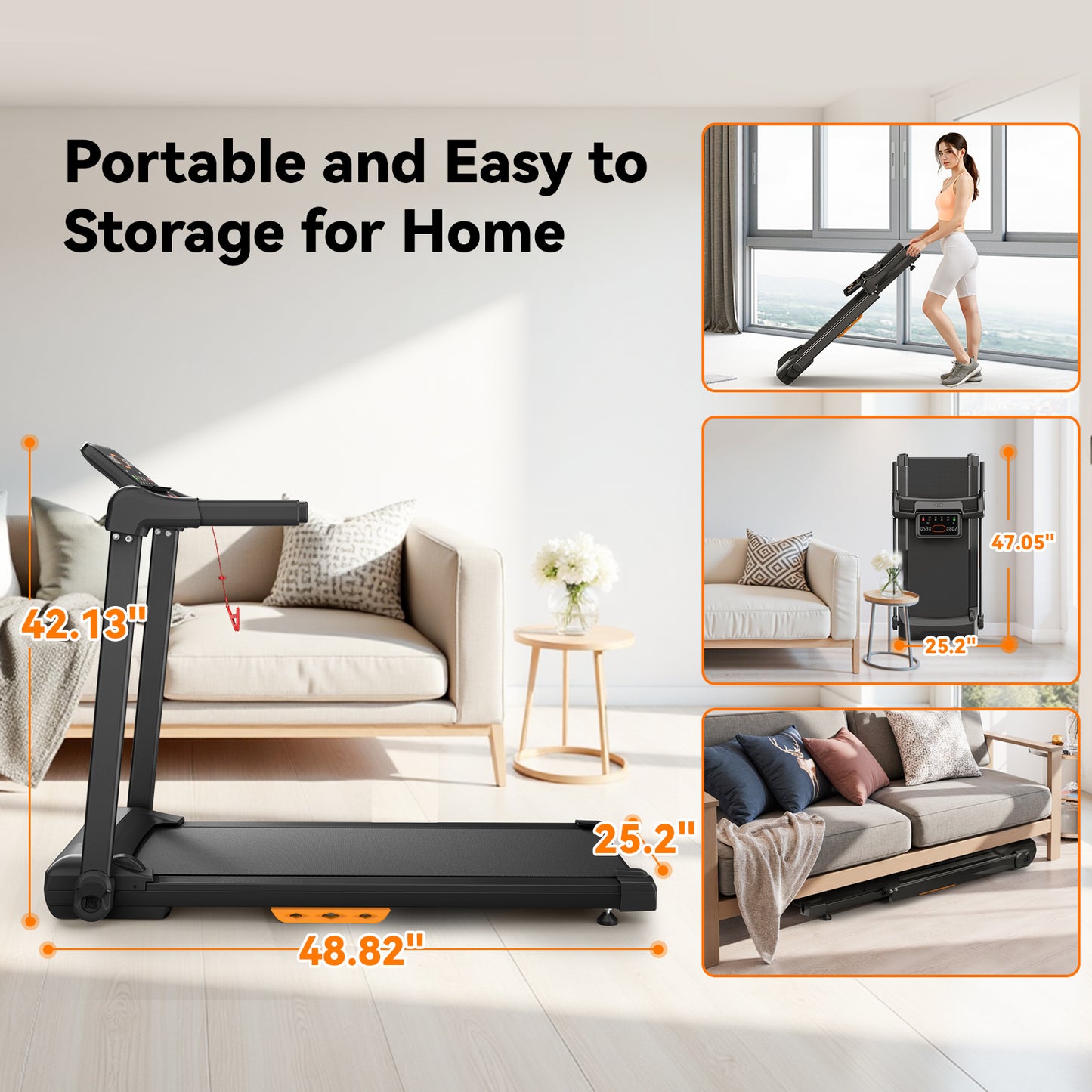 Treadmill with Incline Running Machine 2.5HP Quiet Brushless, 300 Lbs Capacity, App, Pulse Sensor Heart Rate with LCD Display