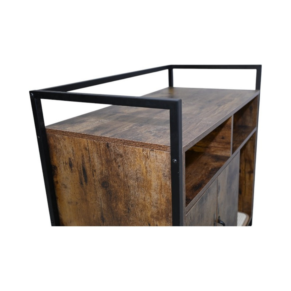 Litter Box Enclosure with Open Storage Shelves and Built-In Scratching Mat, Metal Frame, Rustic Brown