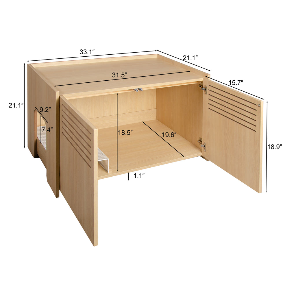 Litter Box Enclosure with Double Doors and Interior Grated Entry Platform, Hidden Cat Washroom Furniture, Beige Brown