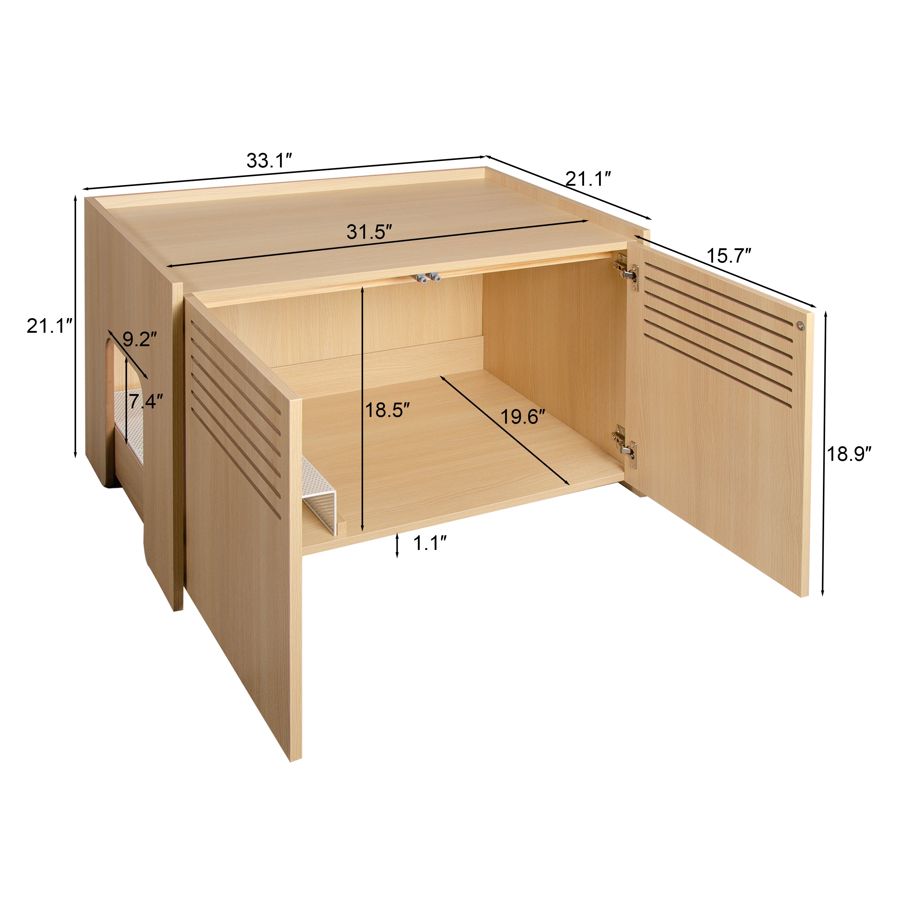 Litter Box Enclosure with Double Doors and Interior Grated Entry Platform, Hidden Cat Washroom Furniture, Beige Brown