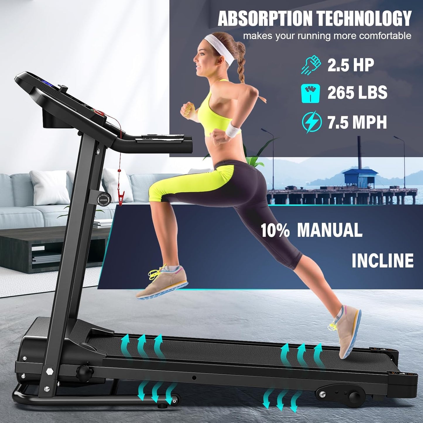 Compact Folding Treadmill for Home - 2.5HP Quiet Brushless Motor, 3-Level Incline, 7.5 MPH, Shock Absorption, Space-Saving Design for Running, Walking - Treadmill for Small Spaces & Home Use