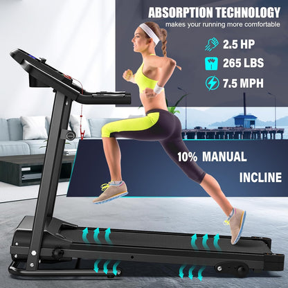Compact Folding Treadmill for Home - 2.5HP Quiet Brushless Motor, 3-Level Incline, 7.5 MPH, Shock Absorption, Space-Saving Design for Running, Walking - Treadmill for Small Spaces & Home Use