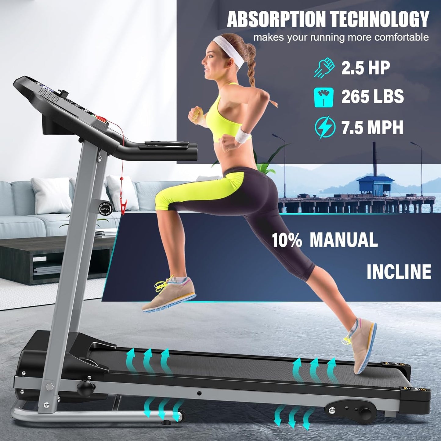 Compact Folding Treadmill for Home - 2.5HP Quiet Brushless Motor, 3-Level Incline, 7.5 MPH, Shock Absorption, Space-Saving Design for Running, Walking - Treadmill for Small Spaces & Home Use